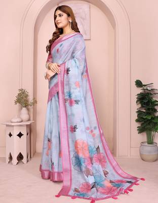 grey printed  designer pallu linen saree 2
