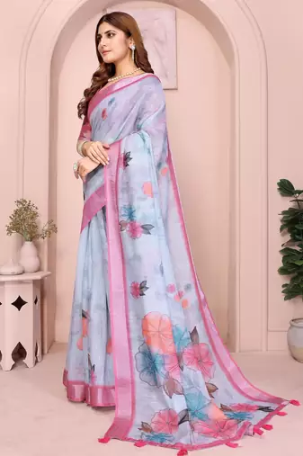 grey printed  designer pallu linen saree
