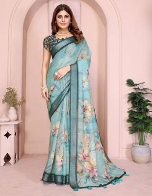 blue printed  designer pallu linen saree 1