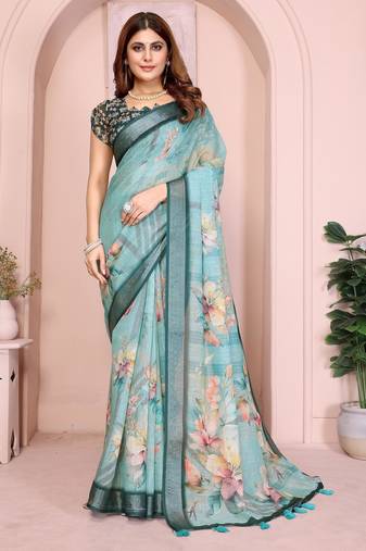 blue printed  designer pallu linen saree