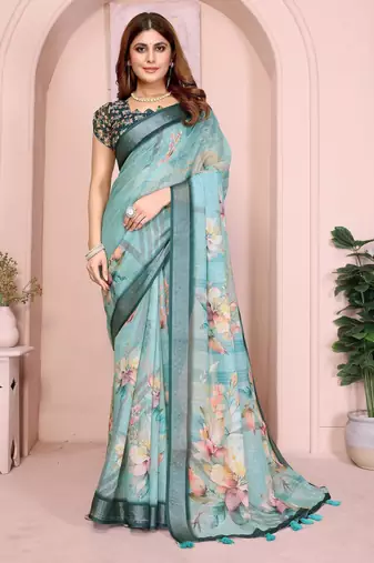 blue printed  designer pallu linen saree