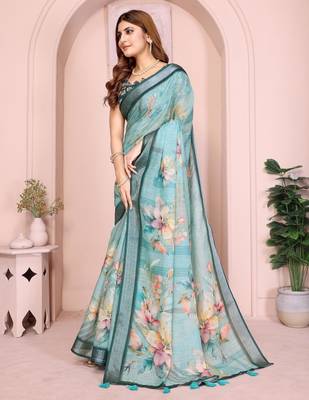 blue printed  designer pallu linen saree 2