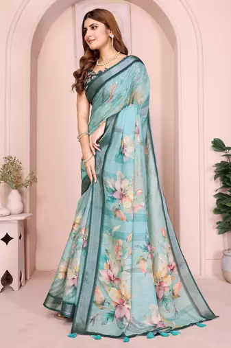 blue printed  designer pallu linen saree