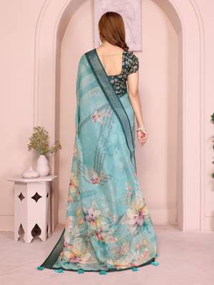 blue printed  designer pallu linen saree 3