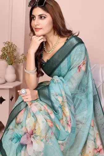 blue printed  designer pallu linen saree