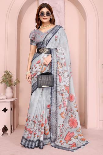 grey printed  designer pallu linen saree