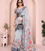 grey printed  designer pallu linen saree