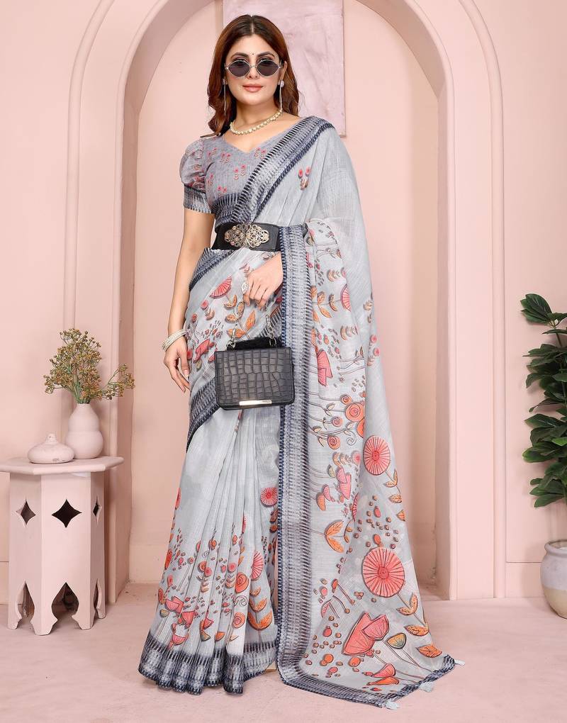 grey printed  designer pallu linen saree
