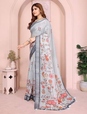 grey printed  designer pallu linen saree 2