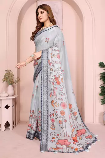 grey printed  designer pallu linen saree