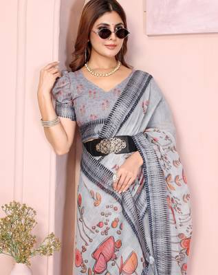 grey printed  designer pallu linen saree 4