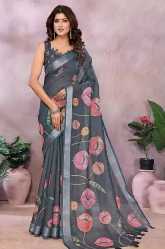 dark grey printed  designer pallu linen saree