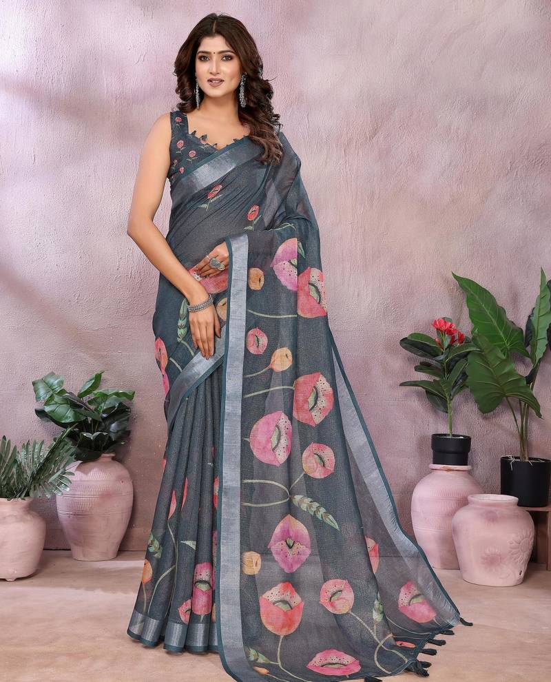 dark grey printed  designer pallu linen saree