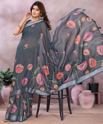 dark grey printed  designer pallu linen saree 2