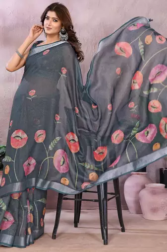 dark grey printed  designer pallu linen saree