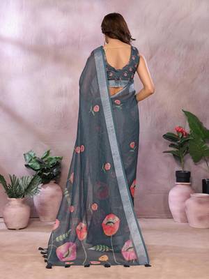 dark grey printed  designer pallu linen saree 3