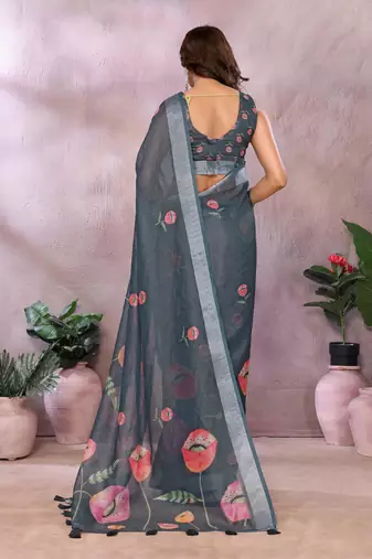 dark grey printed  designer pallu linen saree