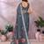 dark grey printed  designer pallu linen saree