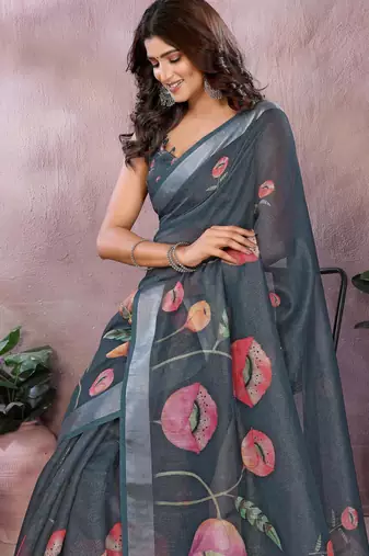 dark grey printed  designer pallu linen saree