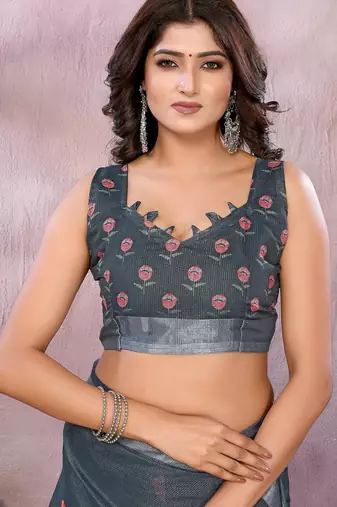 dark grey printed  designer pallu linen saree