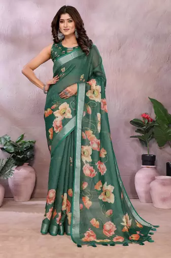green printed  designer pallu linen saree