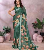 green printed  designer pallu linen saree