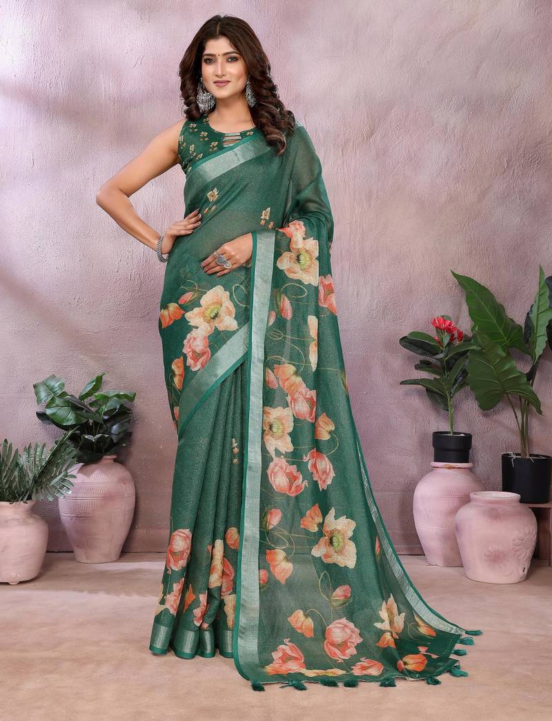 green printed  designer pallu linen saree