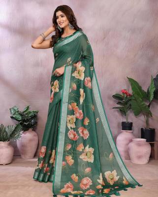 green printed  designer pallu linen saree 2