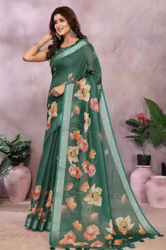 green printed  designer pallu linen saree