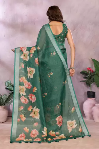 green printed  designer pallu linen saree