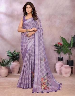 purple printed  designer pallu linen saree 1