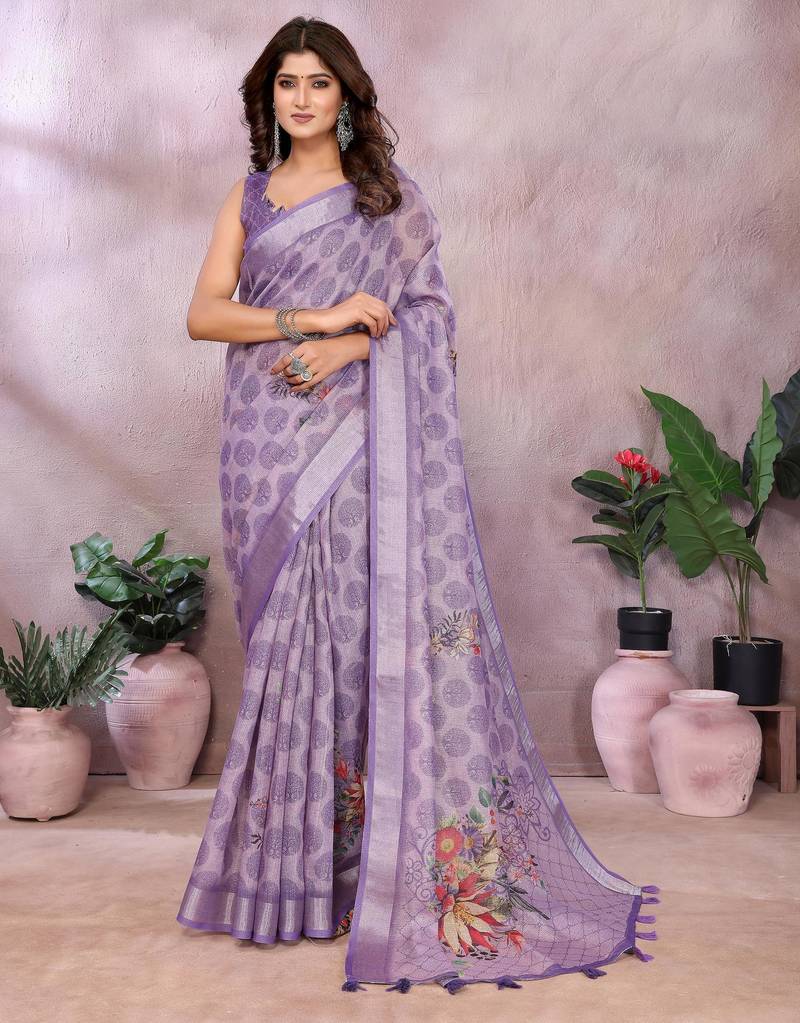 purple printed  designer pallu linen saree