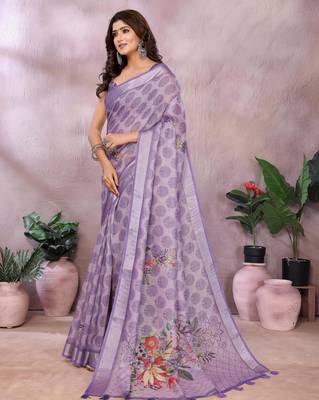 purple printed  designer pallu linen saree 2