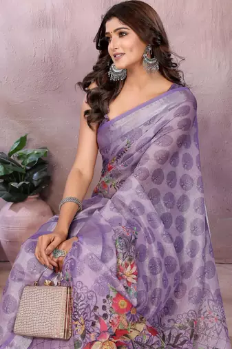 purple printed  designer pallu linen saree