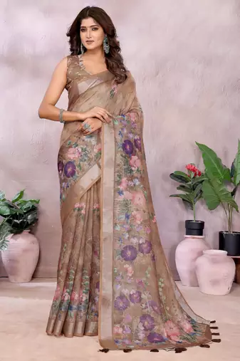 chiku printed  designer pallu linen saree