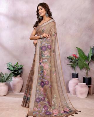 chiku printed  designer pallu linen saree 2