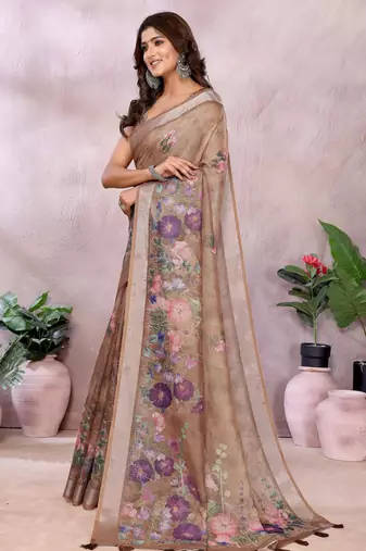 chiku printed  designer pallu linen saree