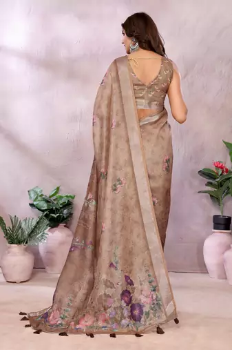 chiku printed  designer pallu linen saree