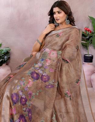 chiku printed  designer pallu linen saree 4