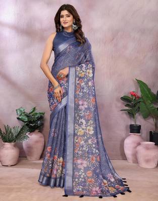 lavender printed  designer pallu linen saree 1