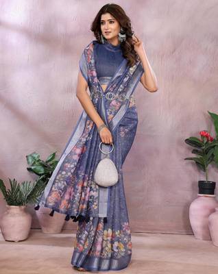 lavender printed  designer pallu linen saree 2
