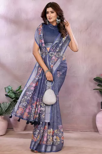 lavender printed  designer pallu linen saree