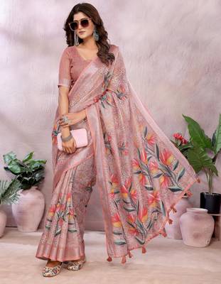 mustard printed  designer pallu linen saree 1