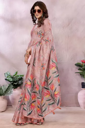 mustard printed  designer pallu linen saree