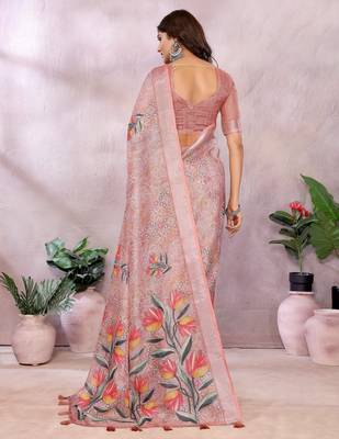 mustard printed  designer pallu linen saree 3