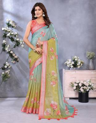 sky blue printed  designer pallu linen saree 1