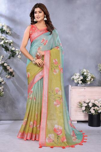 sky blue printed  designer pallu linen saree