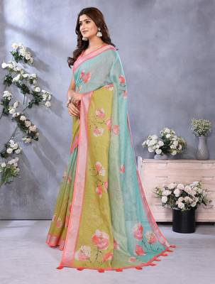 sky blue printed  designer pallu linen saree 2