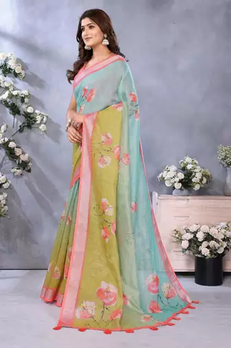 sky blue printed  designer pallu linen saree