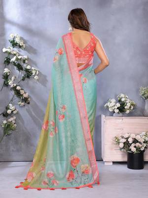 sky blue printed  designer pallu linen saree 3